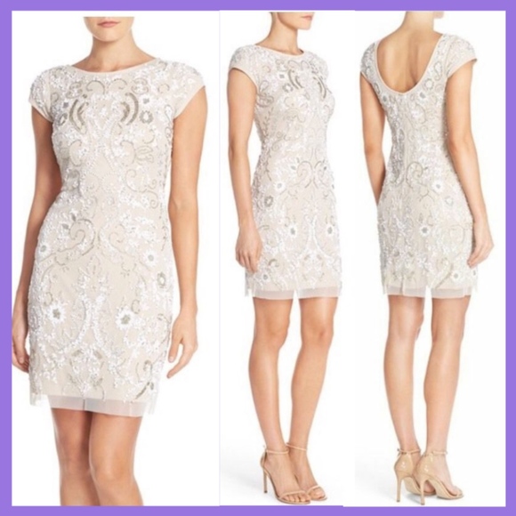 NWT $395 Aidan Mattox Cap Sleeve Scoop Back Beaded Sheath Dress [SZ‎ 14 ] - Picture 2 of 7